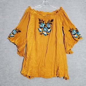 Shyanne Women Dress Large Yellow Floral Mini Shift Embroidered Off Shoulder‎